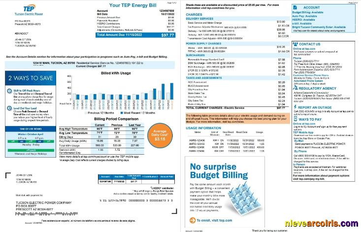 USA Arizona Tucson Electric Power TEP utility bill, 2 pages